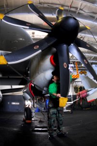 US Navy 080206-N-9760Z-014 Aviation Machinist Mate 2nd Class Merari Estrada cleans the propeller of an E-2C Hawkeye in the hangar bay of the nuclear-powered aircraft carrier USS Nimitz (CVN 68)