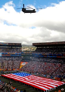 US Navy 080210-N-5476H-054 A Hawaii Army National Guard CH-47 Chinook helicopter flies above Aloha Stadium during the national anthem during pre-game ceremonies for the 2008 NFL Pro Bowl