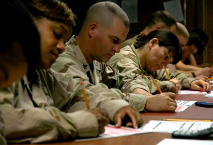 US Navy 080210-N-7367K-005 Seabees with U.S. Naval Mobile Construction Battalion (NMCB) 15, Task Force Sierra, prepare to take their advancement exams