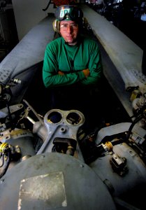 US Navy 080214-N-2984R-030 Aviation Machinist's Mate 2nd Class Patrick Forester, assigned to the