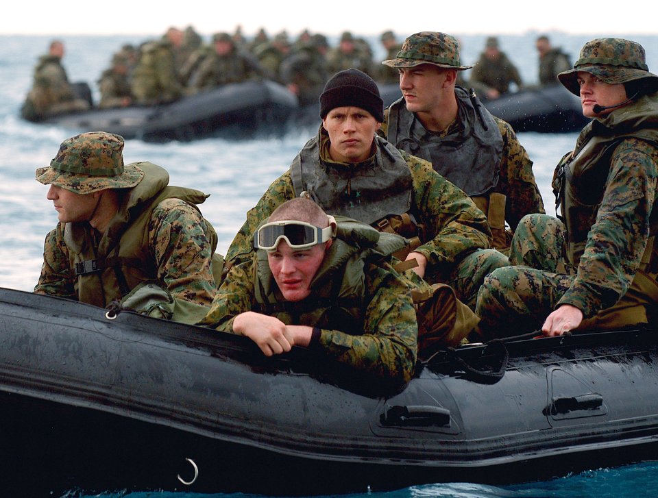 US Navy 080207-N-0807W-091 Marines assigned to Fox Co., 2nd Battalion, 4th Marine Regiment, embarked on the dock landing ship USS Harpers Ferry (LSD 49), prepare for an amphibious landing near Okinawa, Japan