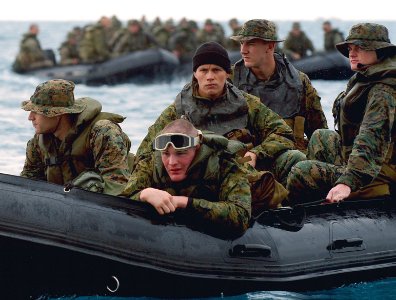 US Navy 080207-N-0807W-091 Marines assigned to Fox Co., 2nd Battalion, 4th Marine Regiment, embarked on the dock landing ship USS Harpers Ferry (LSD 49), prepare for an amphibious landing near Okinawa, Japan