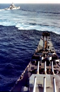 USS Alaska (CB-1) maneuvers in front of USS Missouri (BB-63) in 1944