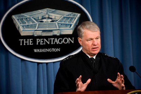 US Navy 080212-N-8273J-029 Chief of Naval Operations (CNO) Adm. Gary Roughead addresses the media in the Pentagon press briefing room regarding maritime security operations and the future force of the Navy