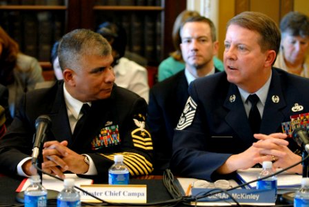 US Navy 080207-N-9818V-313 Master Chief Petty Officer of the Navy (MCPON) Joe R. Campa Jr., left, listens to Chief Master Sgt. of the Air Force Rodney McKinley during testimony before the House Appropriations Subcommittee