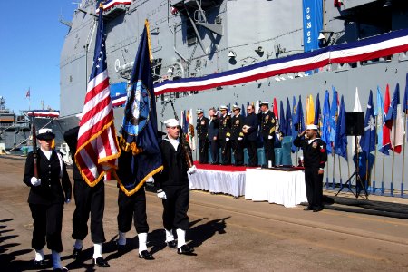 US Navy 080209-N-5191L-006 The honor guard passes by the official party at the conclusion of the change of command for the USS Chancellorsville (CG 62)