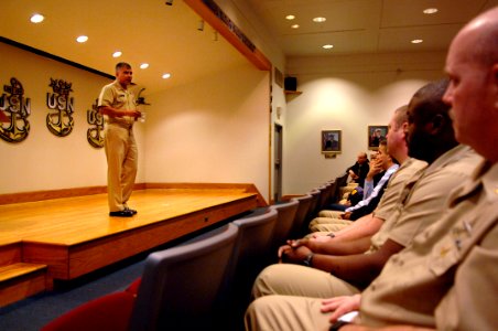 US Navy 080214-N-9818V-024 Master Chief Petty Officer of the Navy (MCPON) Joe R. Campa Jr. addresses the class of the Senior Enlisted Academy (SEA)