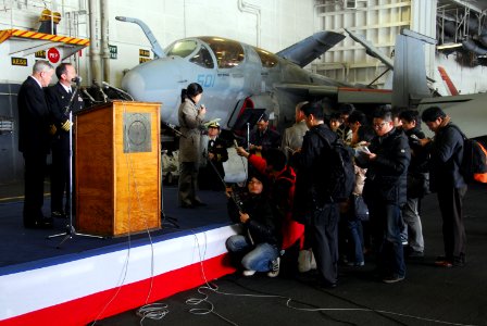 US Navy 080211-N-9760Z-048 Rear Adm. Terry Blake, commander of Carrier Strike Group 11, left, and Capt. Michael Manazir, commanding officer of the aircraft carrier USS Nimitz (CVN 68), answer questions from local Japanese media