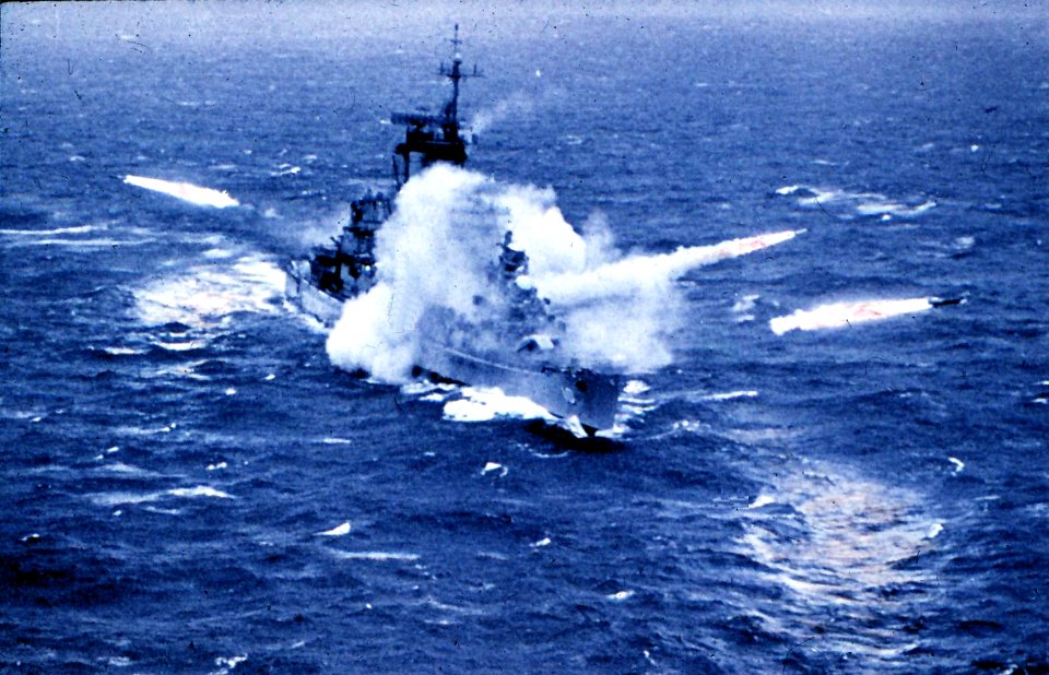 USS Albany (CG-10) firing missiles 1963 (colour)