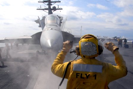 US Navy 080219-N-6326B-027 Aviation Boatswain's Mate (Handling) 3rd Class Jerell Hurdle directs an F-A-18F Super Hornet to a during flight operations aboard the aircraft carrier USS Nimitz (CVN 68) photo