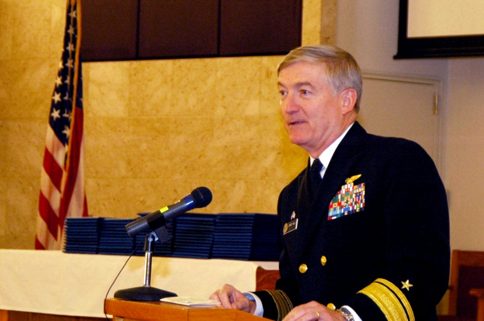 US Navy 080215-N-5387K-002 Rear Adm. James Kelly, commander of Naval Forces Japan, speaks at a naturalization ceremony during which more than 60 Yokosuka service members were sworn in as citizens of the United States
