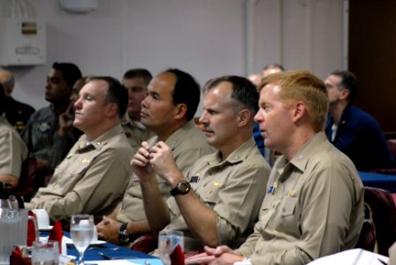 US Navy 080221-N-6936D-017 Capt. Anthony Pachuta, center, commander Amphibious Squadron (CPR) 11), and Capt. Leopoldo Alano, Commander Task Force 80, are briefed on Philippine and U.S. Navy events during Balikatan 2008