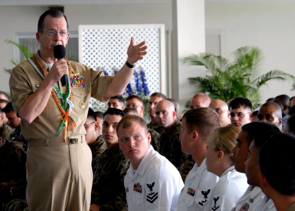 US Navy 080220-N-9758L-103 Chairman of the Joint Chiefs of Staff Adm. Mike Mullen speaks to Hawaii-based service members during an all hands call at Hickam Air Force Base Officer's Club