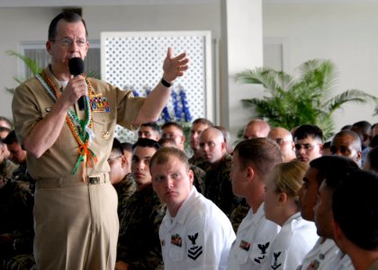 US Navy 080220-N-9758L-103 Chairman of the Joint Chiefs of Staff Adm. Mike Mullen speaks to Hawaii-based service members during an all hands call at Hickam Air Force Base Officer's Club photo