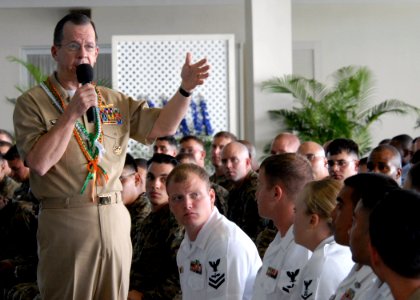 US Navy 080220-N-9758L-103 Chairman of the Joint Chiefs of Staff Adm. Mike Mullen speaks to Hawaii-based service members during an all hands call at Hickam Air Force Base Officer's Club