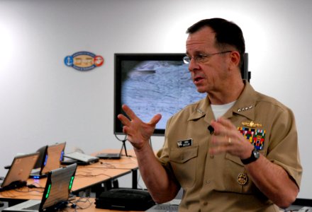 US Navy 080219-N-7676W-004 Chairman of the Joint Chiefs of Staff Adm. Mike Mullen addresses the media following a tour the Office of Naval Research Infantry Immersion Trainer (IIT) at the I Marine Expeditionary Force Battle Sim