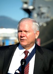US Navy 080221-N-0879R-004 Secretary of Defense Robert M. Gates speaks with news media pier side during a press conference at Naval Station Pearl Harbor after a visit to the Pearl Harbor-based guided-missile destroyer USS Russe