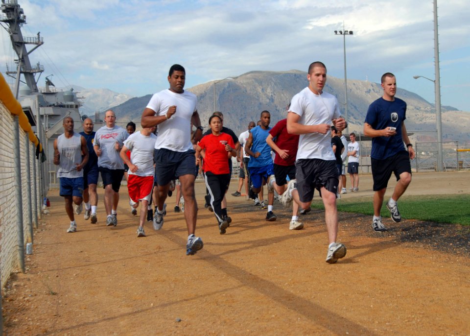 US Navy 080606-N-2838W-162 Sailors stationed aboard the guided missile destroyer USS Bulkeley (DDG-84) take their physical readiness test during their port visit to Souda Bay, Greece
