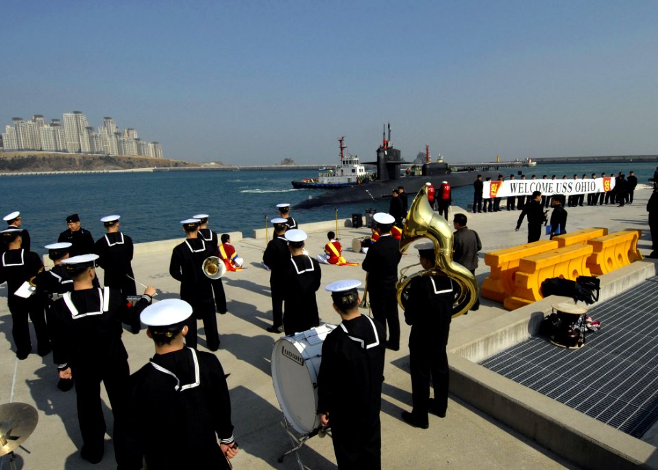 US Navy 080220-N-8534H-001 The guided-missile submarine USS Ohio (SSGN 726) arrives at the Republic of Korea's Busan Operating Base for Ohio's first foreign port visit since its conversion from SSBN