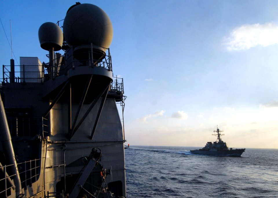 US Navy 080219-N-5476H-013 The guided-missile destroyer USS Decatur (DDG 73) passes along the port side of the guided-missile cruiser USS Lake Erie (CG 70) while making an approach for an under way replenishment