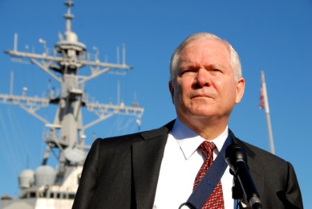 US Navy 080221-N-4965F-245 Secretary of Defense (SECDEF) Robert M. Gates stands on the pier at Naval Station Pearl Harbor for a press conference after a visit to the Pearl Harbor-based guided-missile destroyer USS Russell (DDG