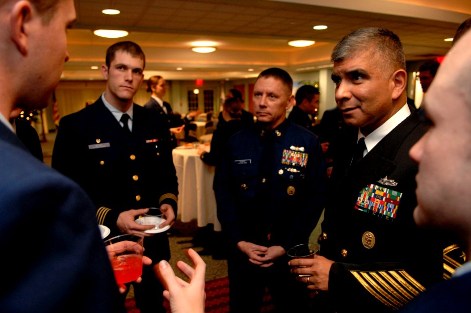 US Navy 080221-N-9818V-058 Master Chief Petty Officer of the Coast Guard (MCPOCG) Charles Bowen and Master Chief Petty Officer of the Navy (MCPON) Joe R. Campa Jr. speak with 1st Class Cadets at a reception held before a Leader