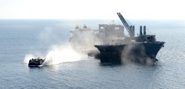 USNS Montford Point (T-MLP-1) and USNS Bob Hope (T-AKR-300) with LCAC in October 2014