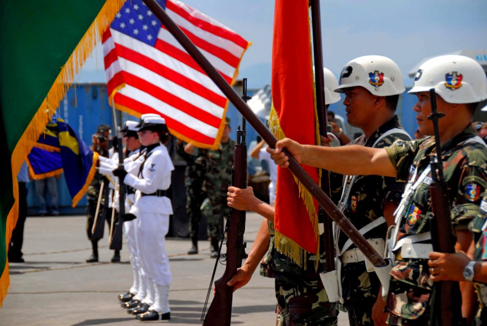 US Navy 080530-N-9689V-006 Color guard details from the Military Sealift Command hospital ship USNS Mercy (T-AH 19) and the Armed Forces of the Philippines present colors during the opening ceremony of the Pacific Partnership m