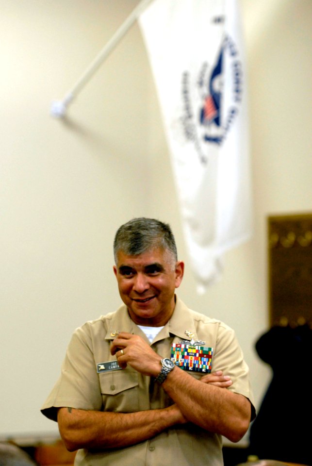 US Navy 080222-N-9818V-153 Master Chief Petty Officer of the Navy (MCPON) Joe R. Campa Jr. talks with Officer Candidate School students during breakfast at the United States Coast Guard Academy