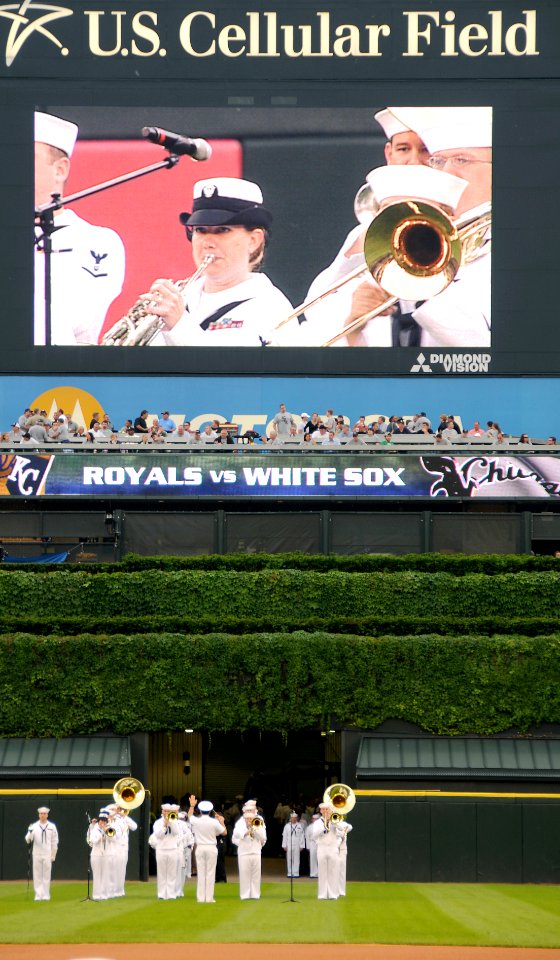 US Navy 080604-N-8848T-684 Navy Band Great Lakes performs at U.S. Cellular Field before a Major League Baseball game between the Chicago White Sox and the Kansas City Royals