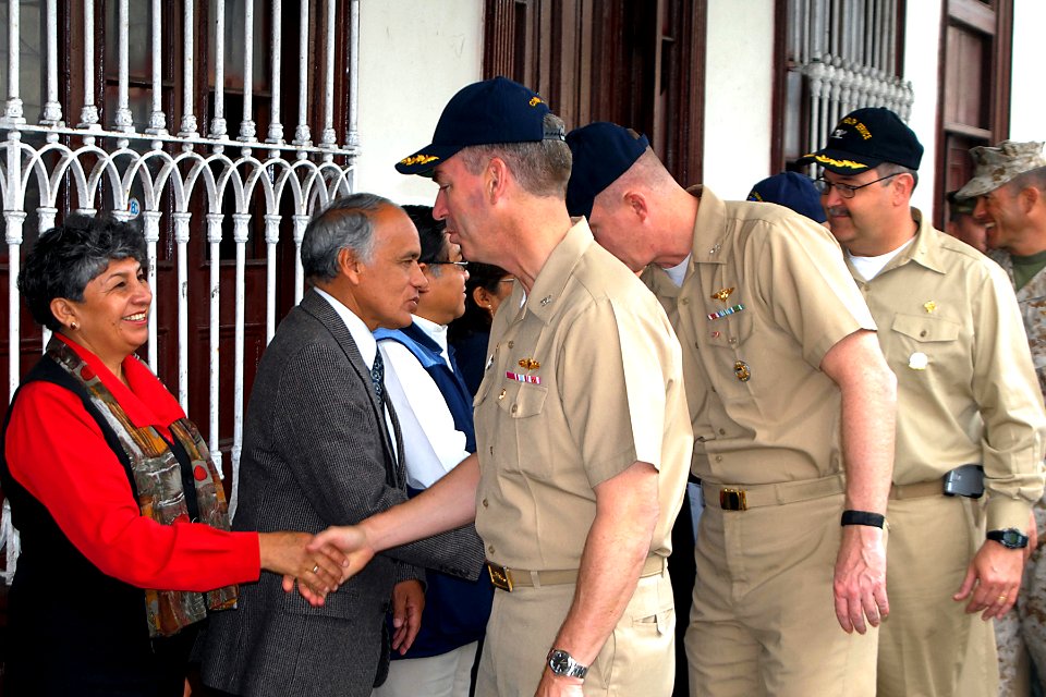 US Navy 080610-N-6410J-014 Officers embarked abord USS Boxer greet Peruvian officials during the opening ceremony for Continuing Promise operations in Peru