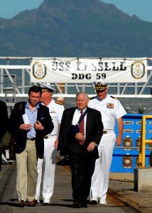 US Navy 080221-N-4965F-182 Secretary of Defense (SECDEF) Robert M. Gates walks down the pier of Naval Station Pearl Harbor for a press conference after a visit to the Pearl Harbor-based guided-missile destroyer USS Russell (DDG