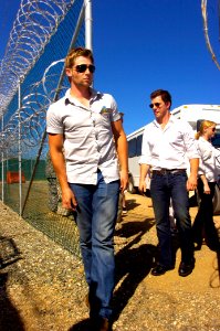 US Navy 080609-A-6489K-002 Mike Vogul and Eric Mabiusvisit Camp 4 of Joint Task Force Guantanamo during a tour of the facilities