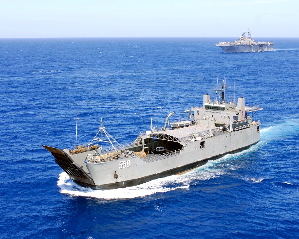US Navy 080224-N-4010S-154 The Republic of Philippines amphibious ship BRP Bacolod City (LC 550) steams ahead of the amphibious assault ship USS Essex (LHD 2)