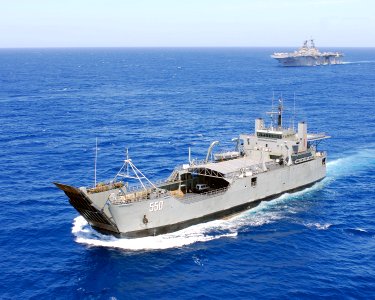 US Navy 080224-N-4010S-154 The Republic of Philippines amphibious ship BRP Bacolod City (LC 550) steams ahead of the amphibious assault ship USS Essex (LHD 2)