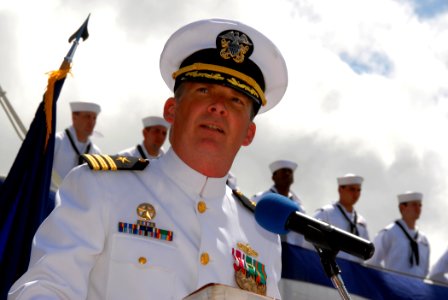 US Navy 080609-N-4965F-465 Cmdr. Patrick N. Huete, commanding officer of the guided-missile frigate USS Crommelin (FFG 37), delivers his remarks during a change of command ceremony