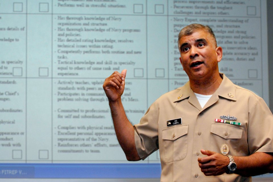 US Navy 080507-N-9818V-466 Master Chief Petty Officer of the Navy (MCPON) Joe R. Campa Jr. introduces the E7-E9 Evaluation and Counseling Record (CHIEFEVAL)