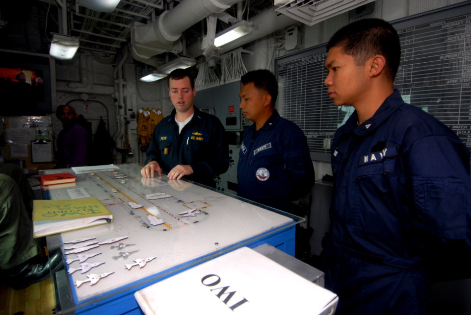 US Navy 080224-N-6936D-008 Lt. j.g. John Phelan shows Philippine navy officers flight deck control on the forward-deployed amphibious assault ship USS Essex (LHD 2)