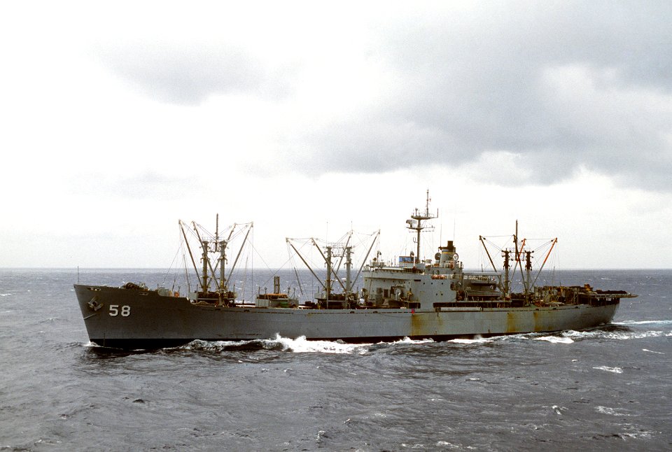 USNS Rigel (T-AF-58) underway in the Mediterranean Sea, in 1987 (6433240)