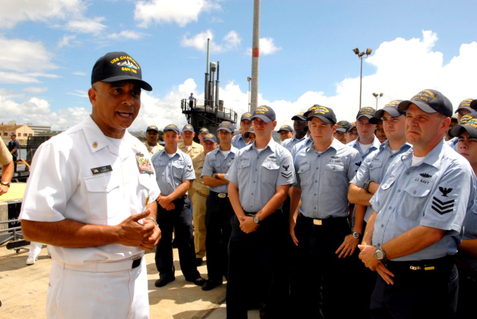 US Navy 080612-N-9818V-107 Master Chief Petty Officer of the Navy (MCPON) Joe R. Campa Jr. holds an all-hands call with the Sailors assigned to the fast-attack submarine USS Charlotte (SSN 776)