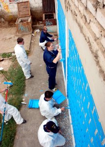 US Navy 080611-A-1539W-262 Sailors embarked aboard the amphibious assault ship USS Boxer (LHD 4) paint the exterior walls of a bathroom at Luis Fabio Xammer Jurado school in Peru during Continuing Promise 2008 photo