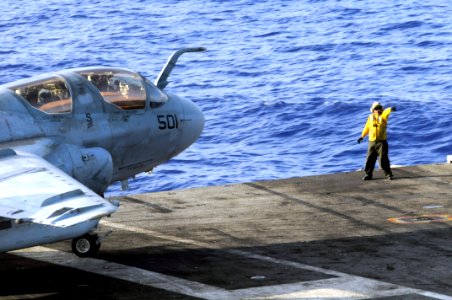 US Navy 080610-N-3659B-327 A Sailor passes control of an EA-6B Prowler assigned to the
