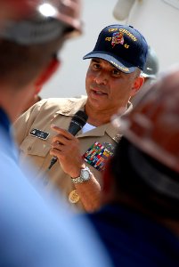 US Navy 080611-N-4965F-059 Master Chief Petty Officer of the Navy (MCPON) Joe R. Campa Jr. speaks with Sailors of the Ticonderoga-class guided-missile cruiser USS Chosin (CG 65)