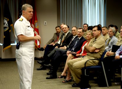 US Navy 080613-N-7676W-010 Chief of Naval Operations, Admiral Gary Roughead, conducts an all-hands call at the Office of Naval Research in Arlington