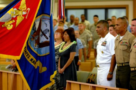 US Navy 080612-N-9818V-242 Master Chief Petty Officer of the Navy (MCPON) Joe R. Campa Jr. attends a memorial service in honor of Honorary Chief Aviation Ordnanceman David R. Eberhart at the base chapel on Marine Corps Base Haw