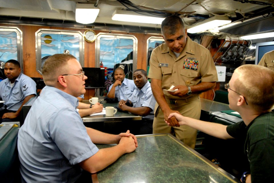 US Navy 080616-N-9818V-255 Master Chief Petty Officer of the Navy (MCPON) Joe R. Campa Jr. meets and talks with Sailors aboard the USS Topeka (SSN 745) during a tour of the submarine
