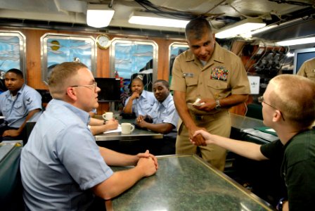 US Navy 080616-N-9818V-255 Master Chief Petty Officer of the Navy (MCPON) Joe R. Campa Jr. meets and talks with Sailors aboard the USS Topeka (SSN 745) during a tour of the submarine