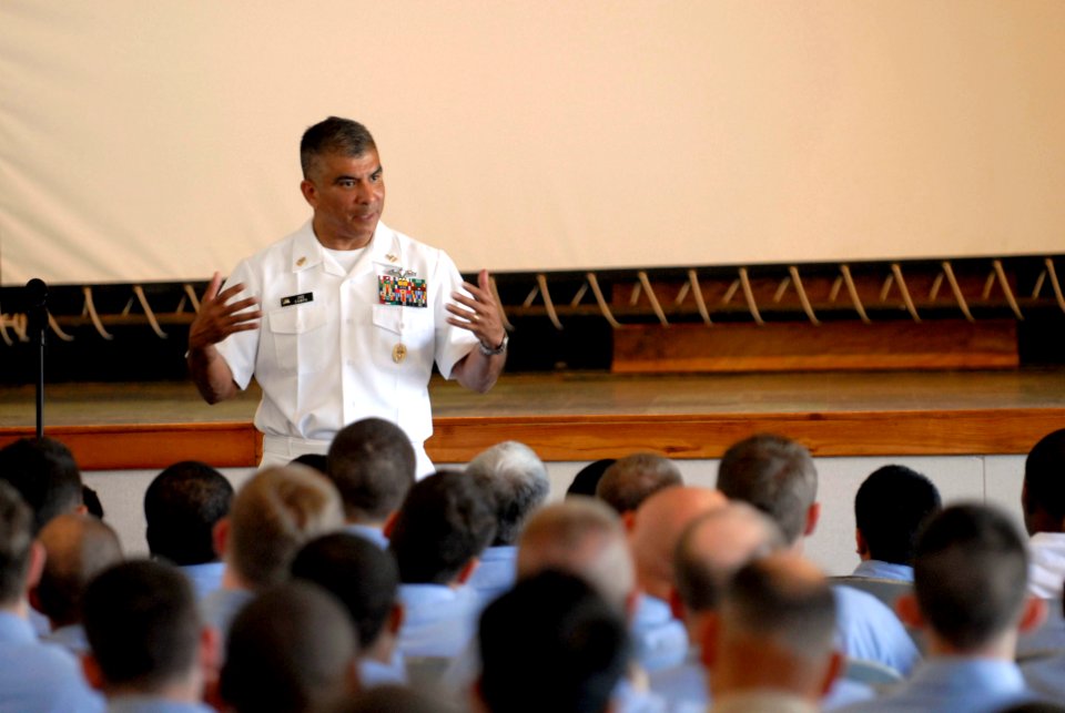US Navy 080610-N-9818V-266 Master Chief Petty Officer of the Navy (MCPON) Joe R. Campa Jr. addresses Sailors assigned to Naval Computer and Telecommunications Area Master Station Pacific