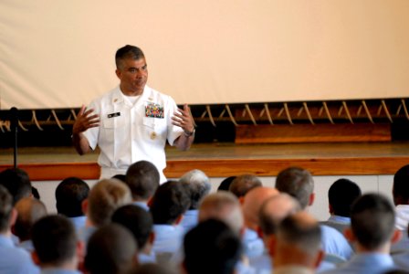 US Navy 080610-N-9818V-266 Master Chief Petty Officer of the Navy (MCPON) Joe R. Campa Jr. addresses Sailors assigned to Naval Computer and Telecommunications Area Master Station Pacific photo