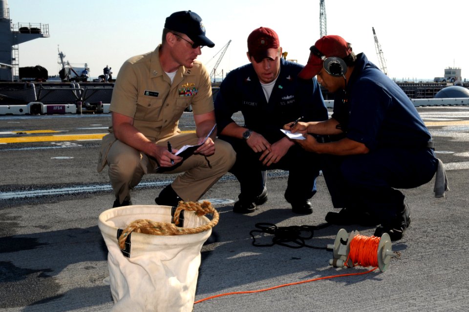 US Navy 080617-N-9774H-003 Damage Controlman 2nd Class Nathan Stachey and Damage Controlman Fireman Nicholas Westrich participate in the sound-powered phone event during the Damage Control Marathon portion of Surface Line Week